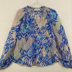 Hale Bob size XS Lyla Top Blue Cream Mosaic Artsy Geometric Blouse